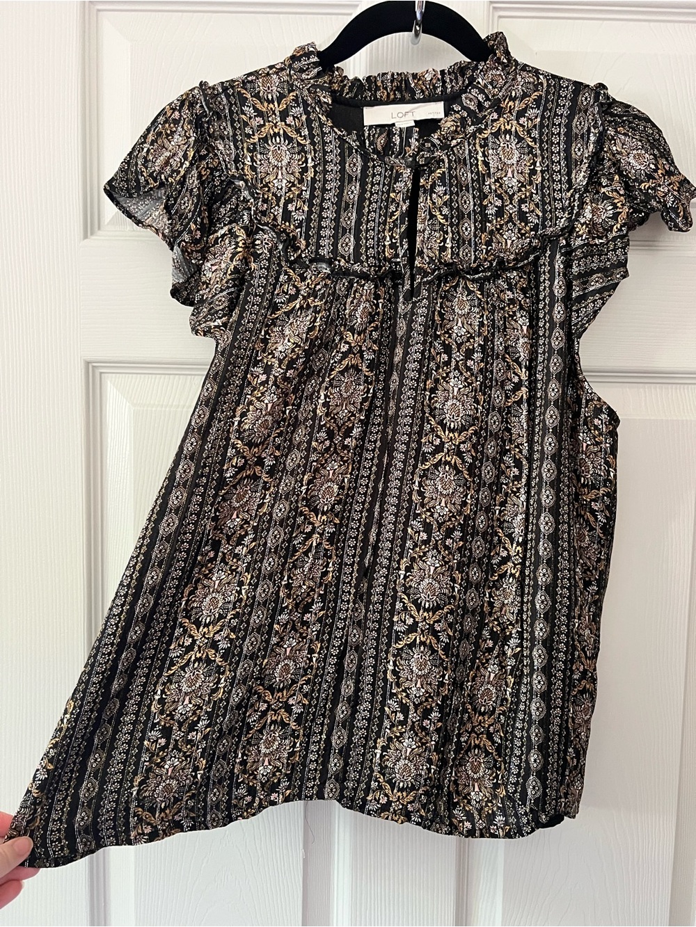 LOFT Black Floral Stripe Ruffle-Sleeve Blouse